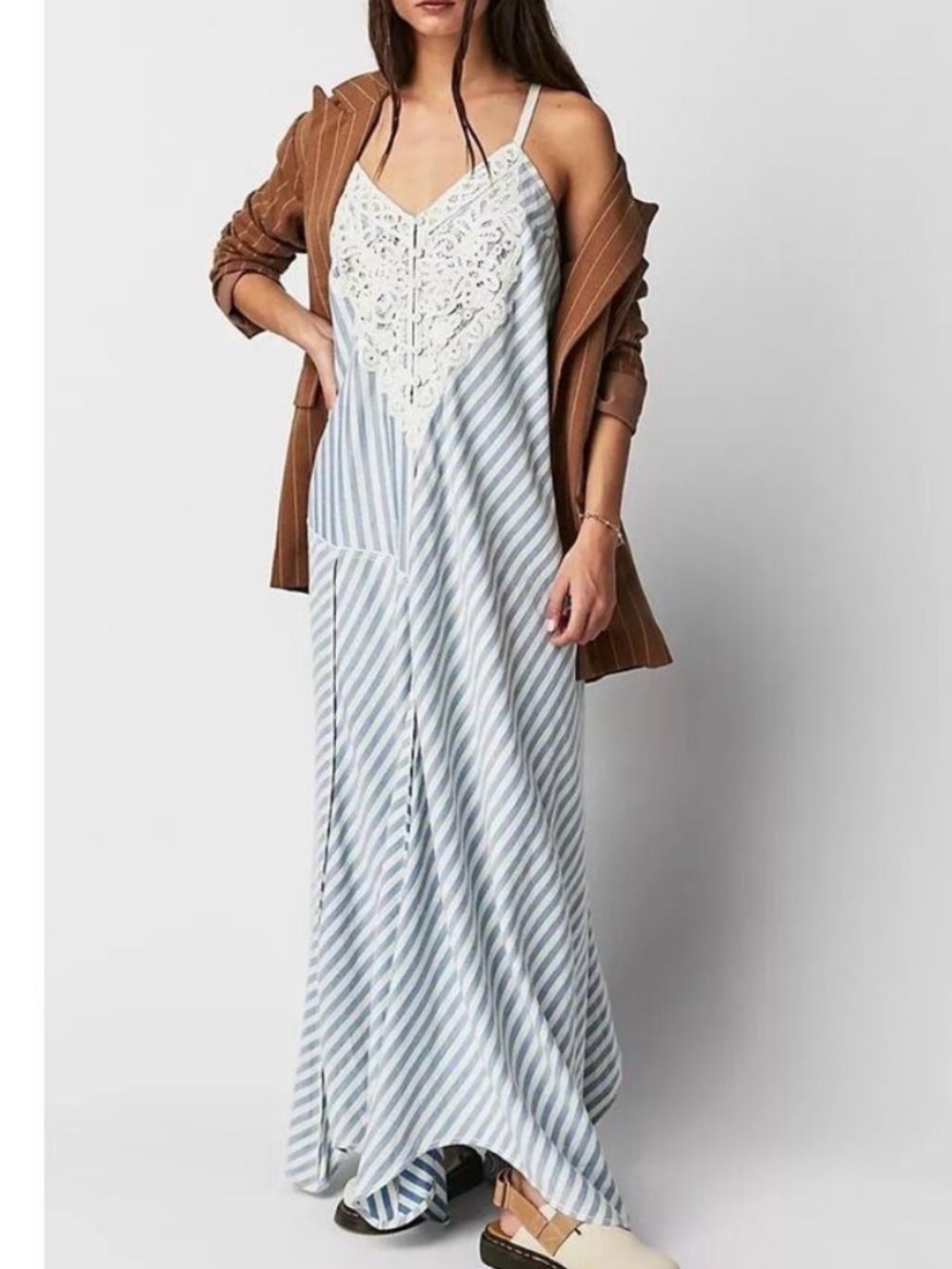 Free people gracelyn small Blue & White Striped Lace V-Neck Maxi Dress boho